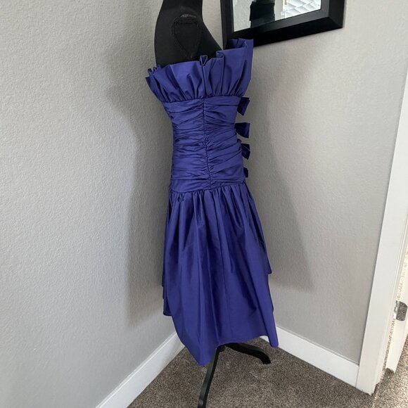 VINTAGE 80s Prom Glam Nili Martin Ruched Bow Strapless Purple Party Dress Sz XS - Picture 2 of 16